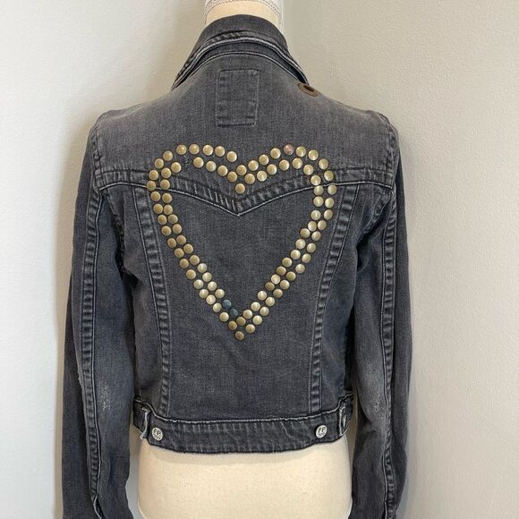 Vintage Free People Heart Studded Charcoal/Black Denim Jacket - Picture 3 of 11